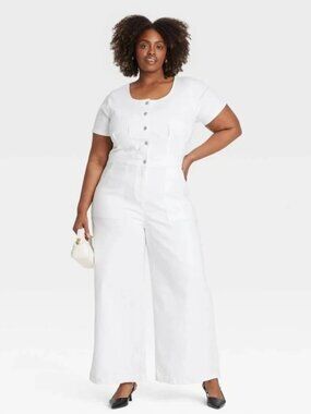 New Women's Short Sleeve Button-Front Jumpsuit - Ava & Viv White 17